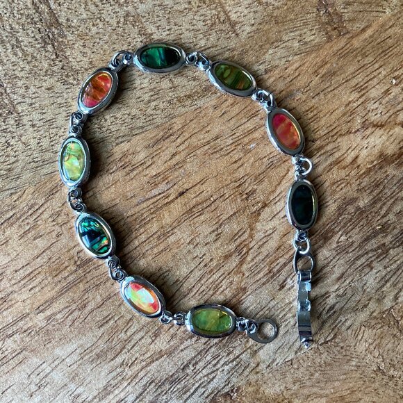 Oval Abalone Shell Silvertone Bracelet - Picture 3 of 10